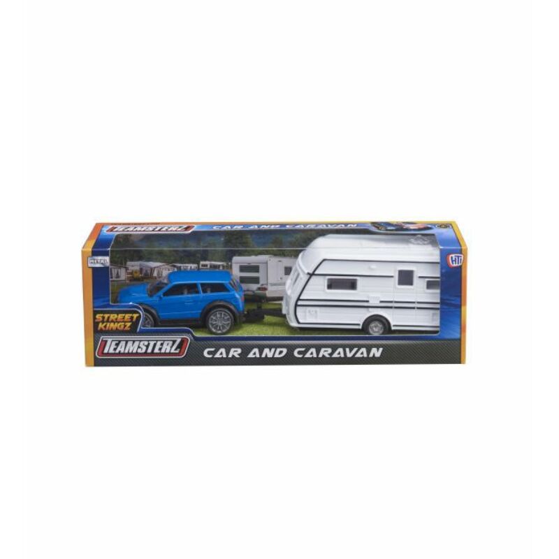 Teamsterz kék autó lakókocsival, 10 + 15 cm
