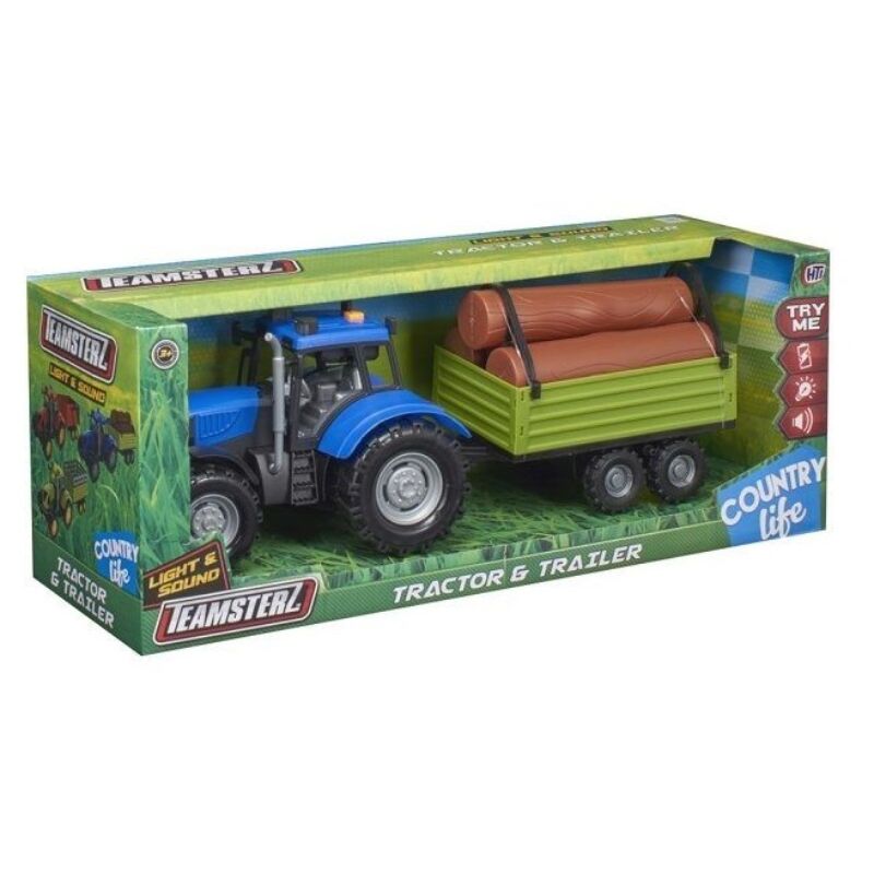 Teamsterz kék traktor pótkocsival, 34 cm