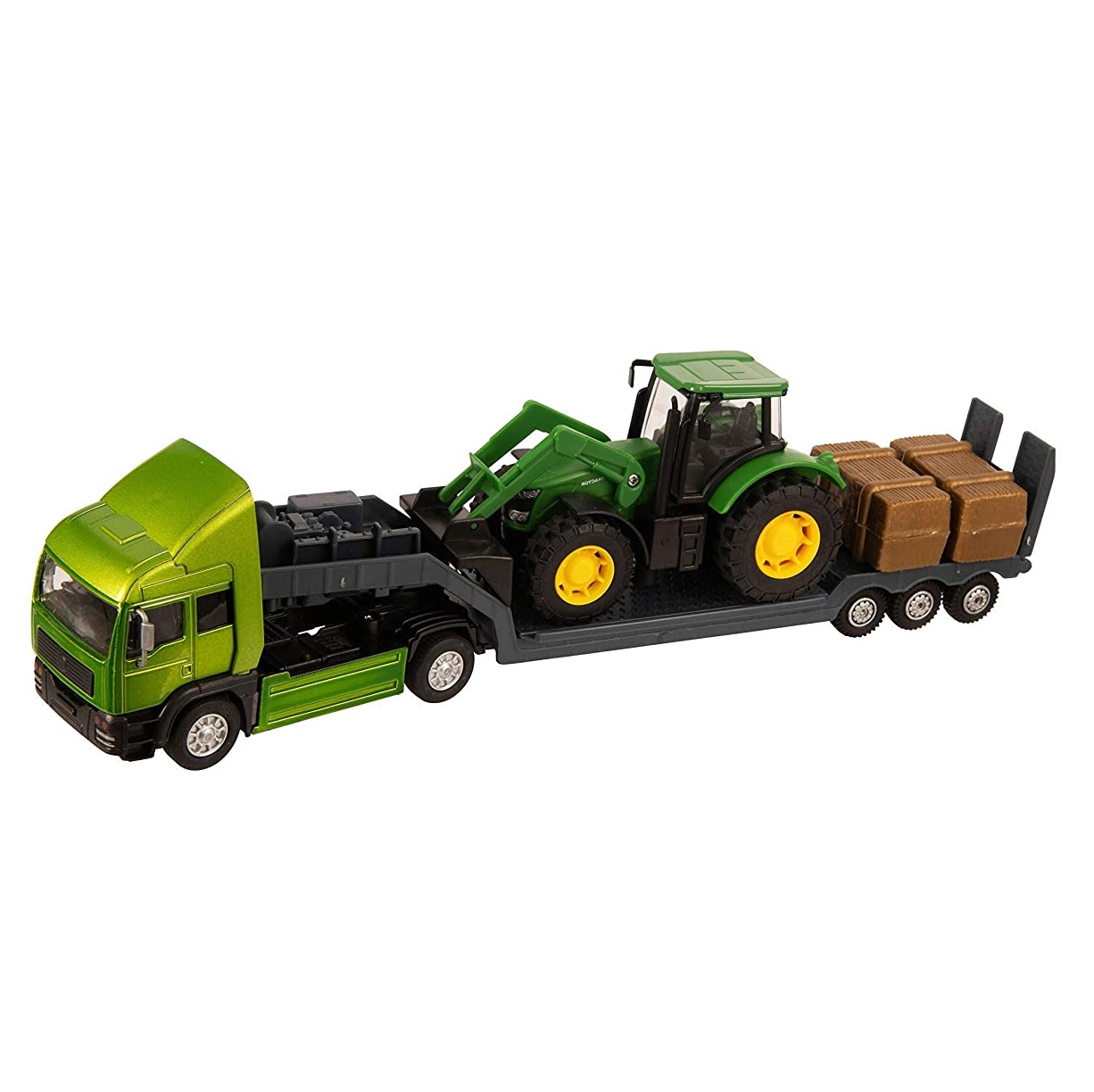 Teamsterz zöld traktort szállító metál kamion, 32 cm