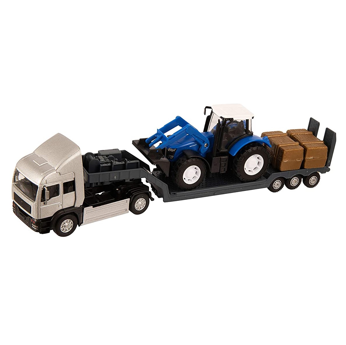 Teamsterz kék traktor szállító ezüst kamion, 32 cm